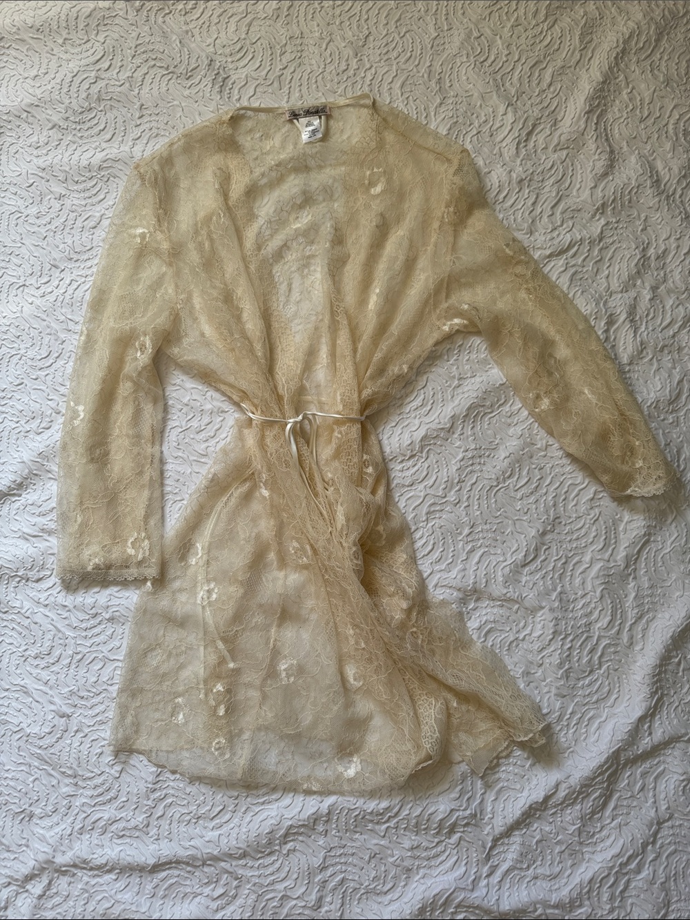 Linea Donatella Sheer Lace Tie-Waist Robe in Cream